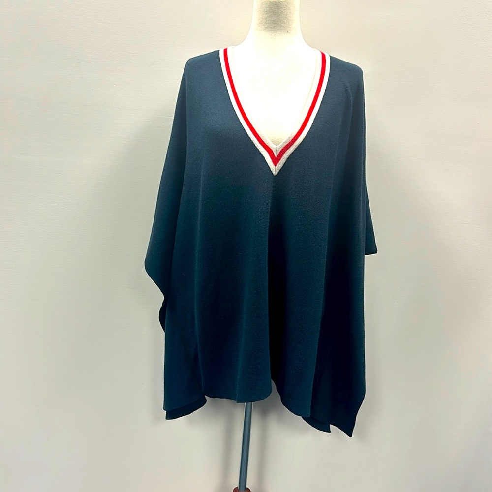 Navy Blue V-Neck Poncho with Red and White Trim